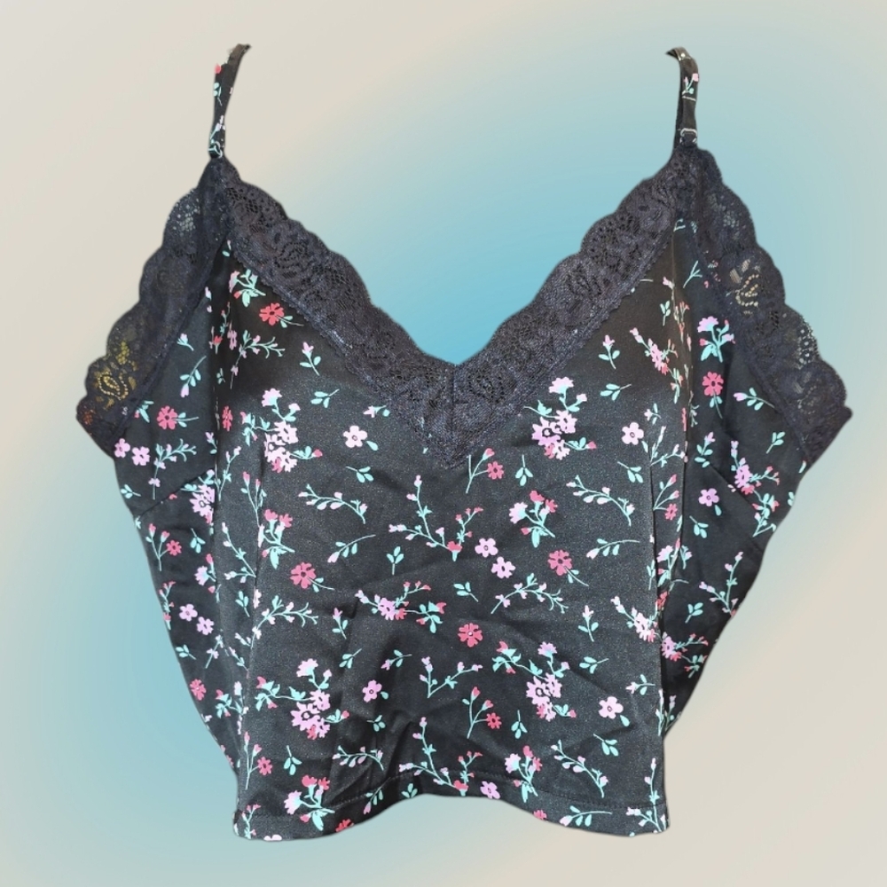 Colsie Black Camisole with Pink Floral Design